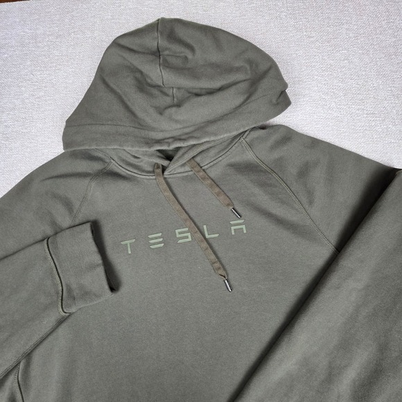 Tesla Motors Mens Olive Green Fleece Pullover Hoodie Zipper Pockets XL